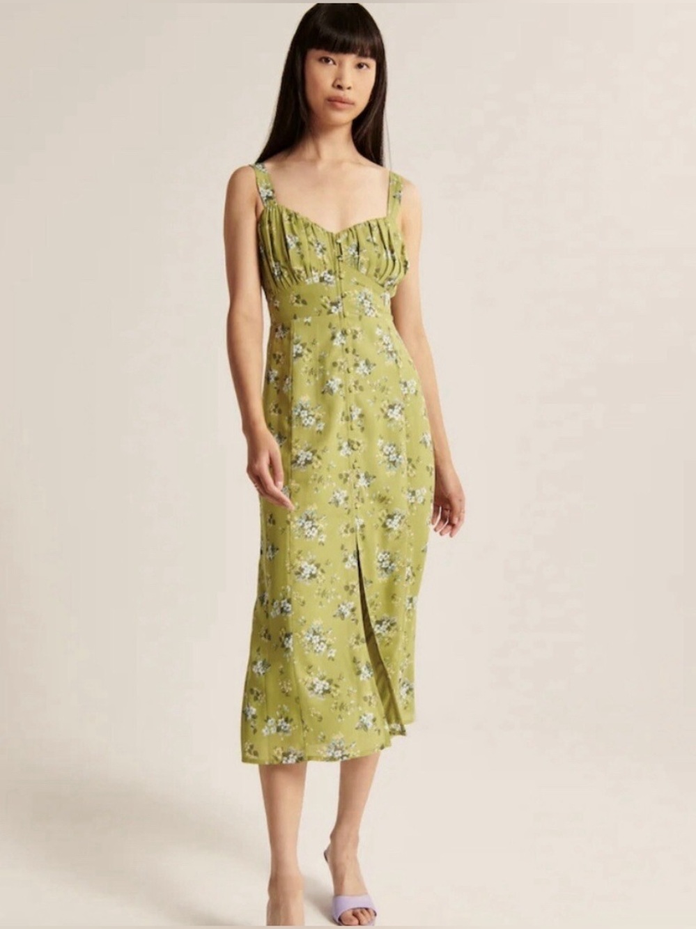 Abercrombie & Fitch Button-Through Slim Midi Dress in Green Floral Size Medium
